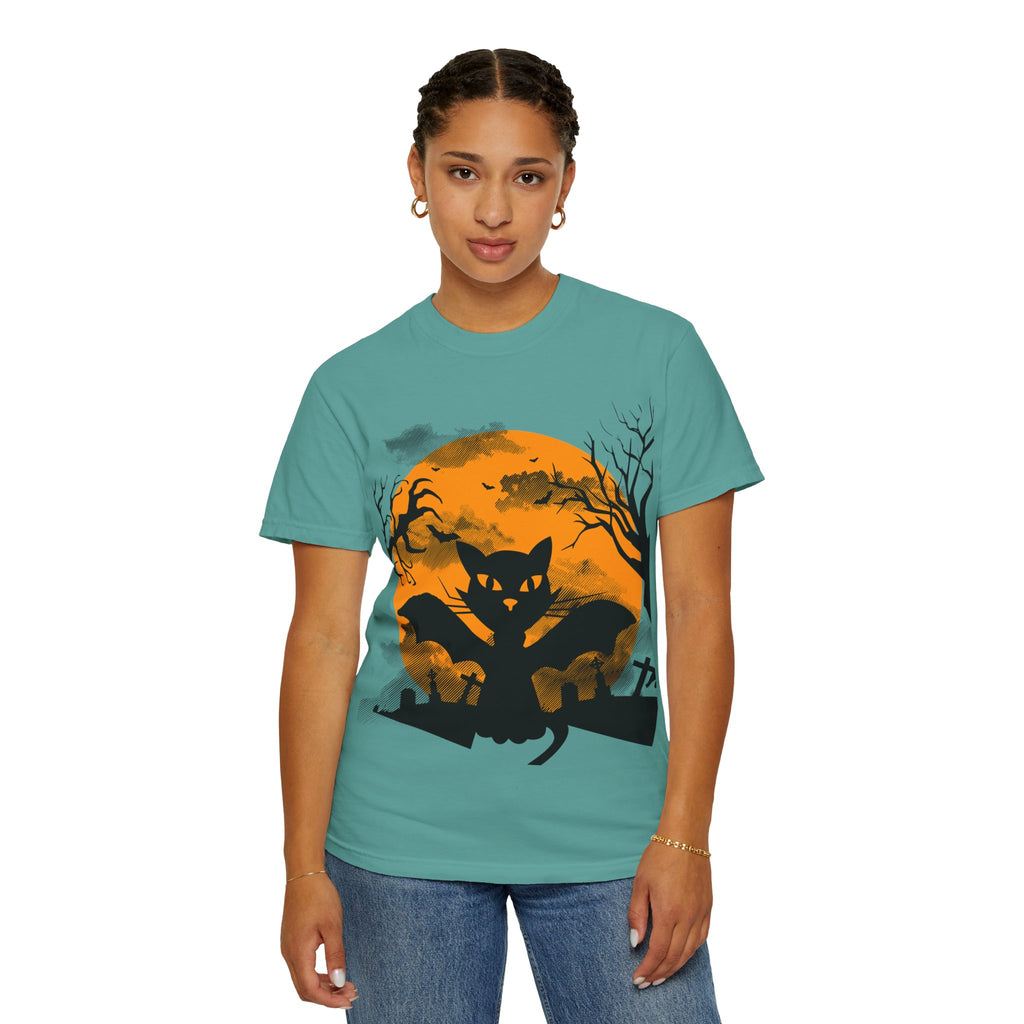 Halloween Black Cat Bat T-shirt | Orange Moon Graveyard