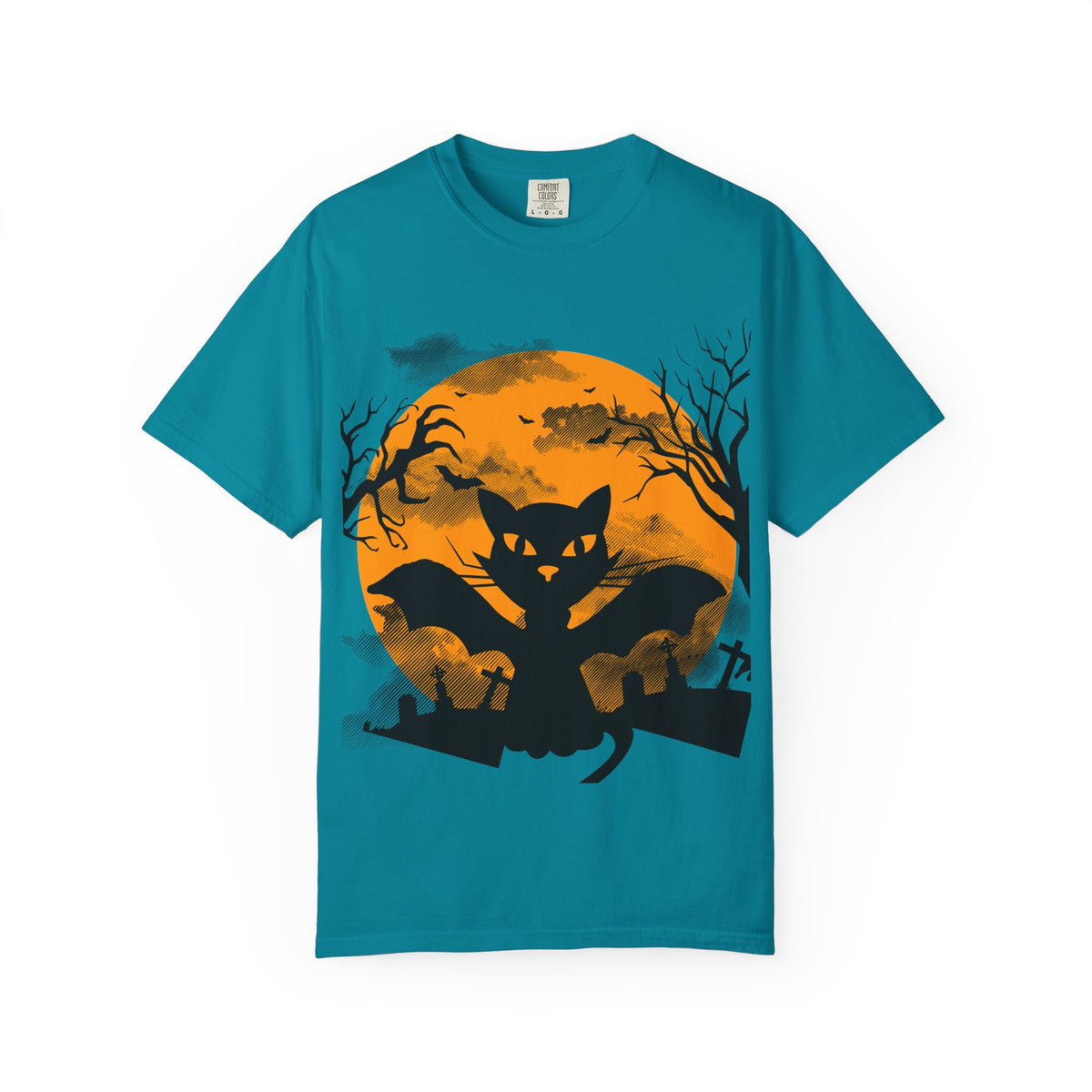 Halloween Black Cat Bat T-shirt | Orange Moon Graveyard