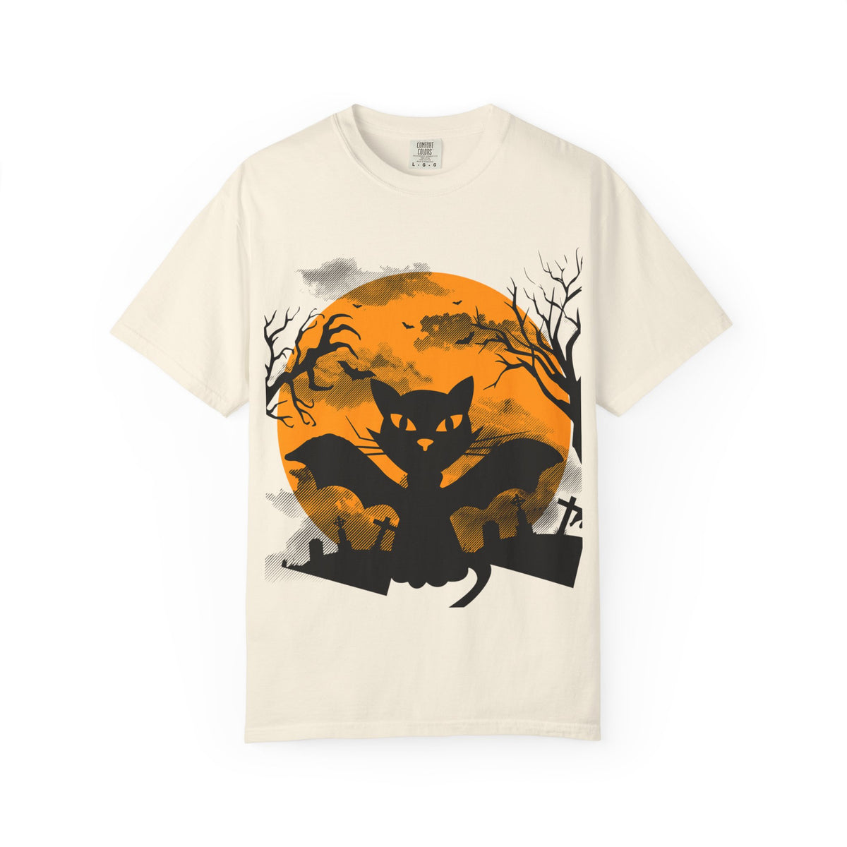 Halloween Black Cat Bat T-shirt | Orange Moon Graveyard
