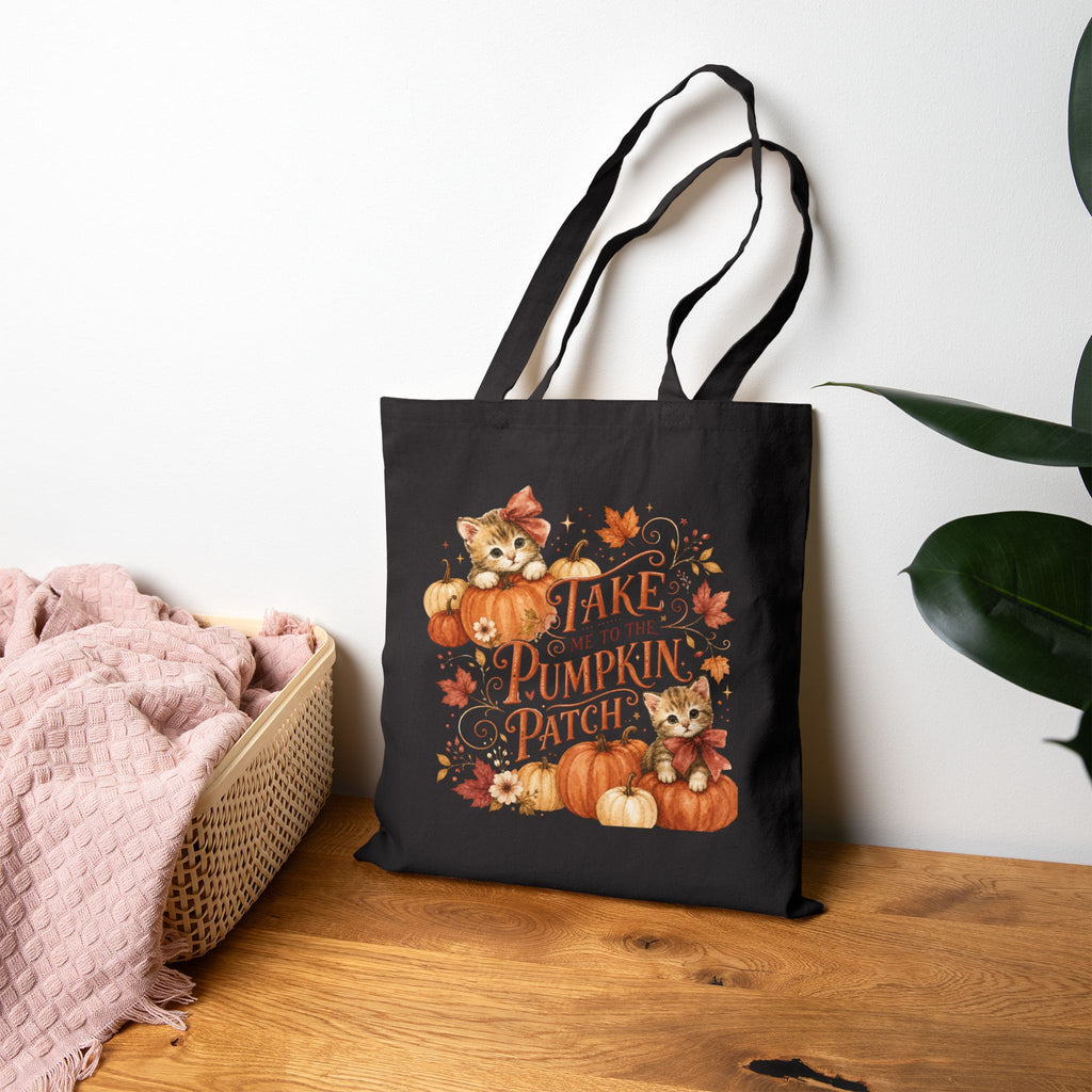 Take Me to the Pumpkin Patch Tote Bag | Cute Kittens, Fall Leaves, Halloween Pumpkin