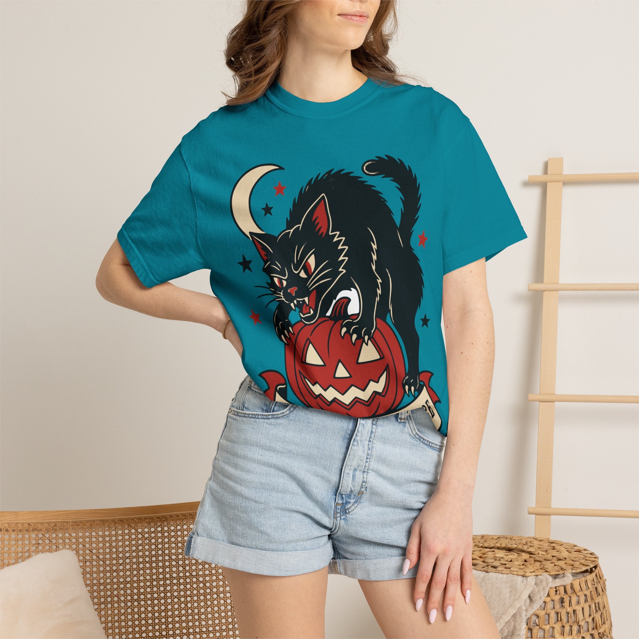 Spooky Little Menace cat Halloween T-shirt | Black Cat on Jack-O'-Lantern