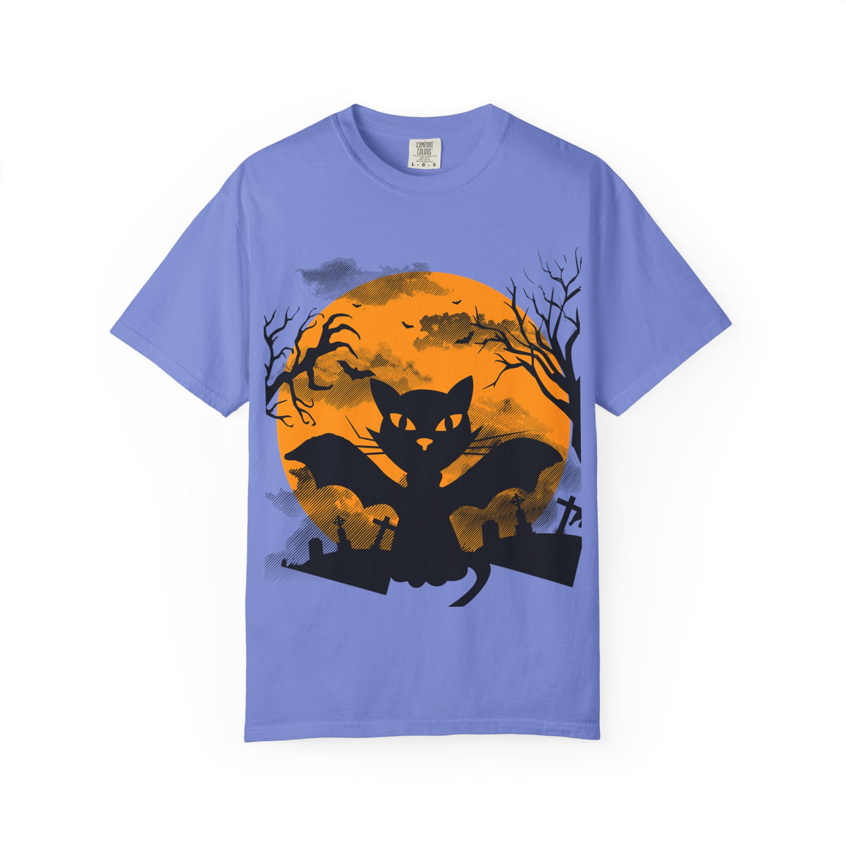 Halloween Black Cat Bat T-shirt | Orange Moon Graveyard