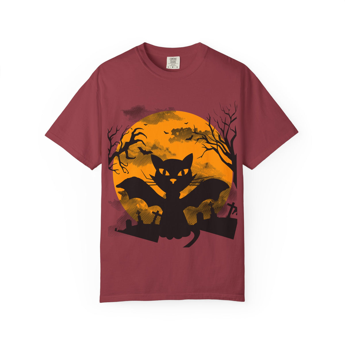 Halloween Black Cat Bat T-shirt | Orange Moon Graveyard
