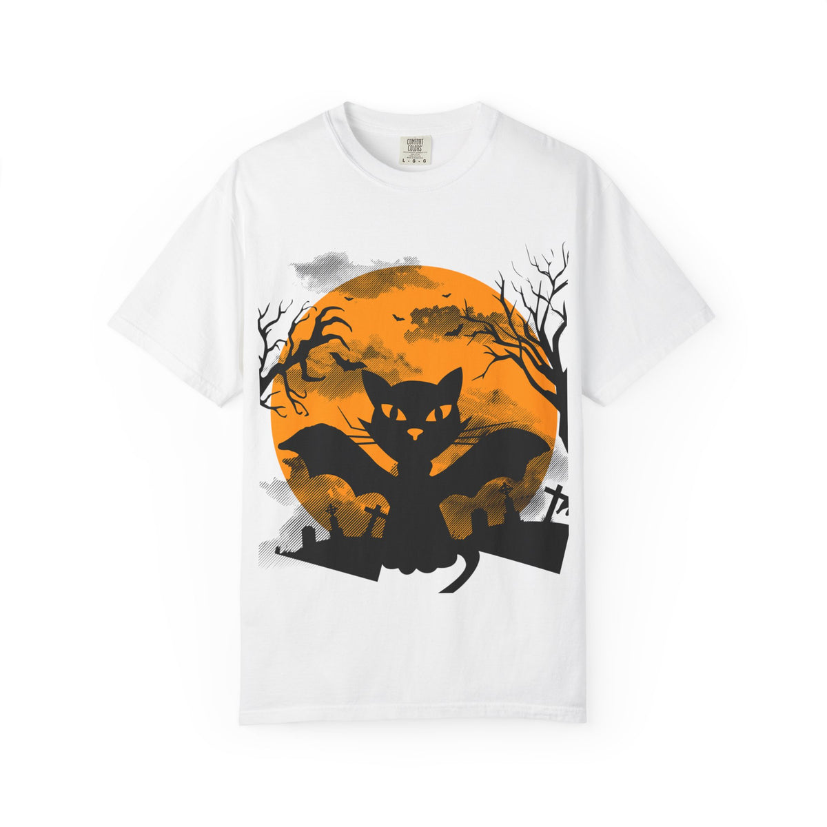 Halloween Black Cat Bat T-shirt | Orange Moon Graveyard