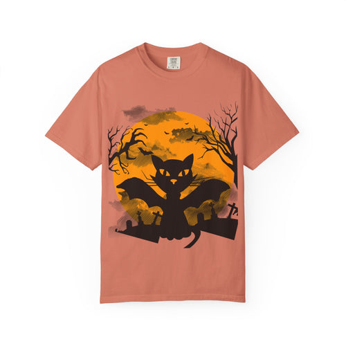 Halloween Black Cat Bat T-shirt | Orange Moon Graveyard