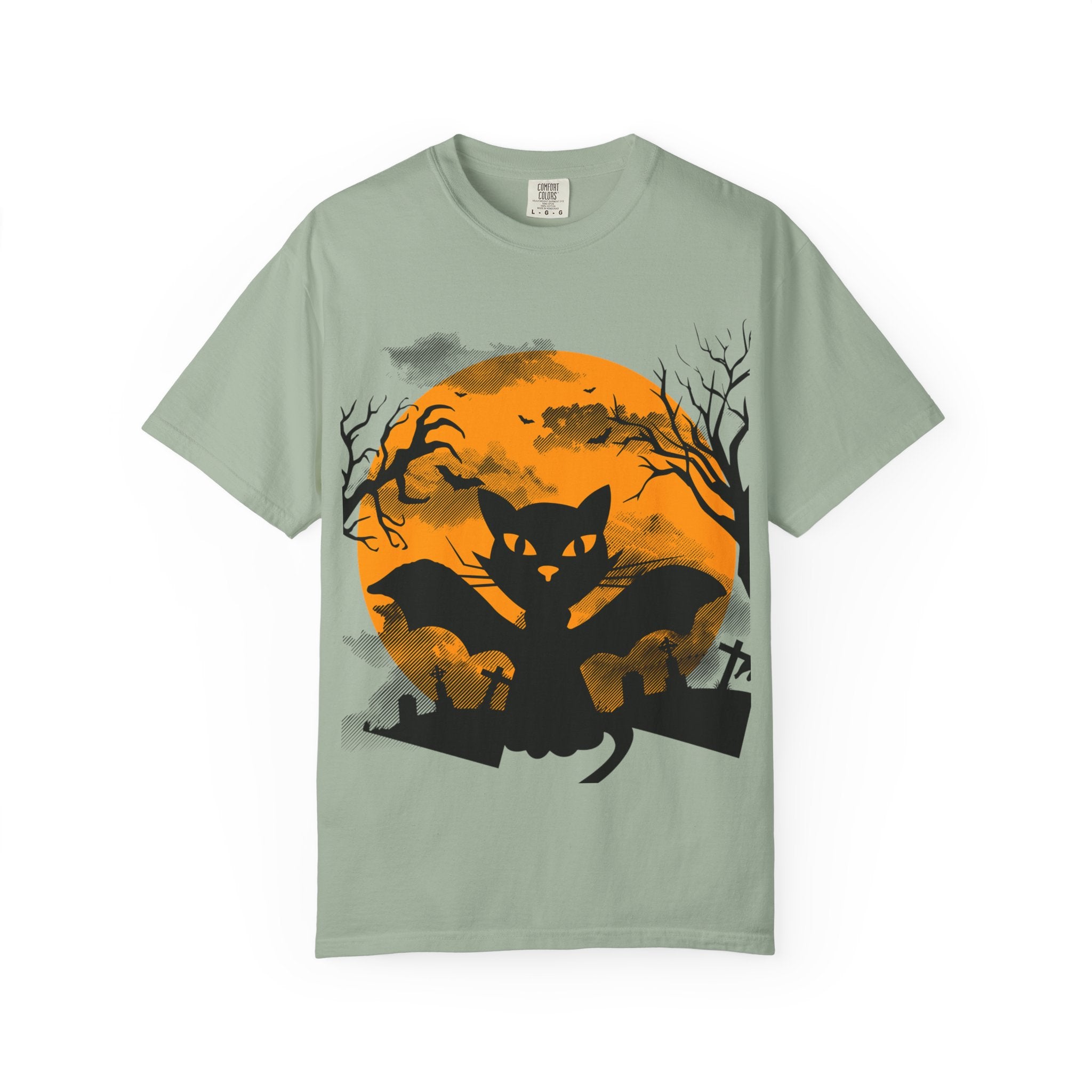 Halloween Black Cat Bat T-shirt | Orange Moon Graveyard