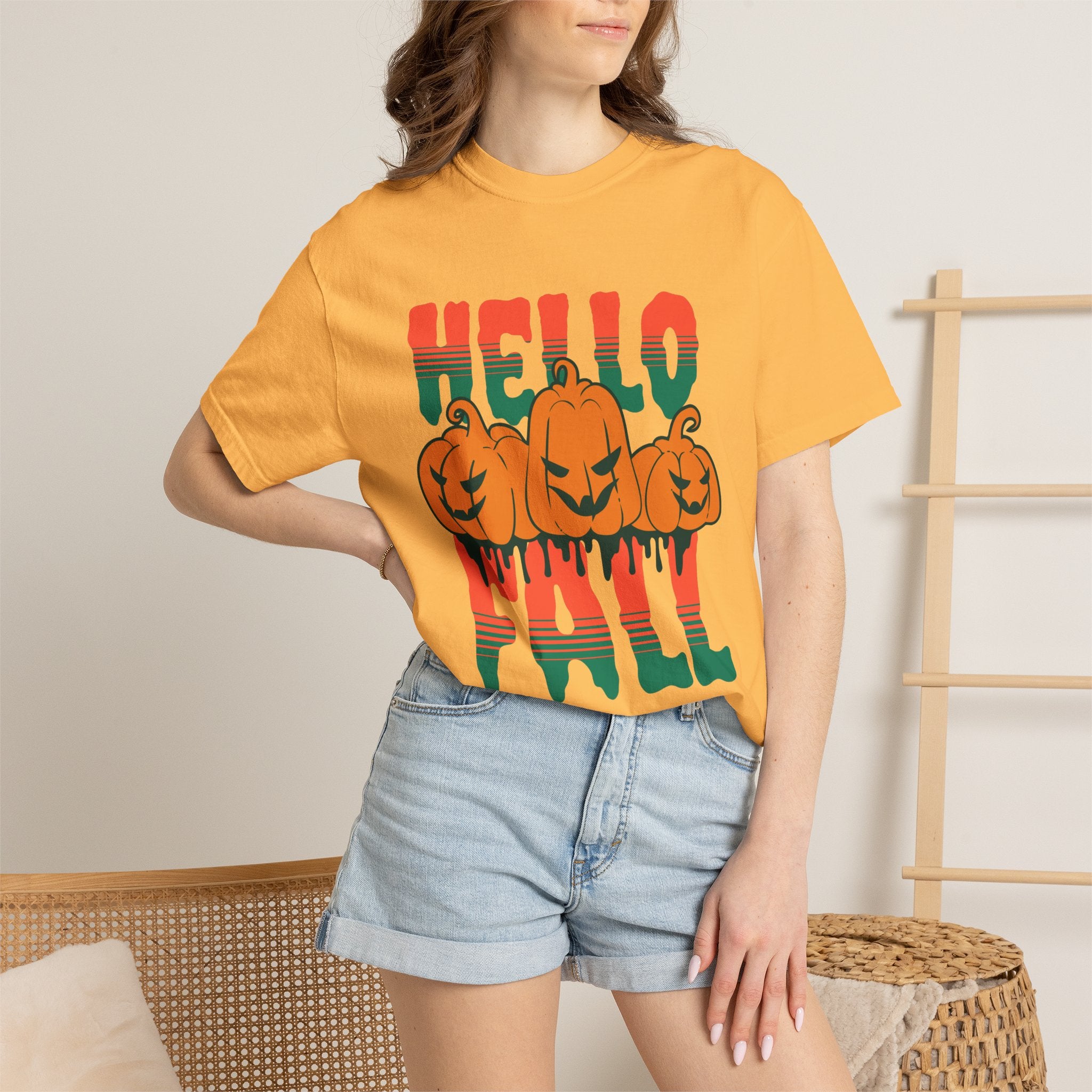 Hello Fall Pumpkins T-Shirt | Halloween Autumn Pumpkin Graphic
