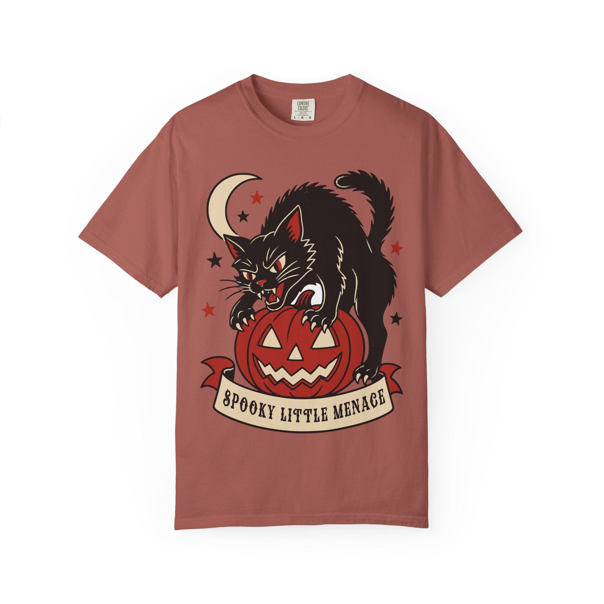 Spooky Little Menace cat Halloween T-shirt | Black Cat on Jack-O'-Lantern