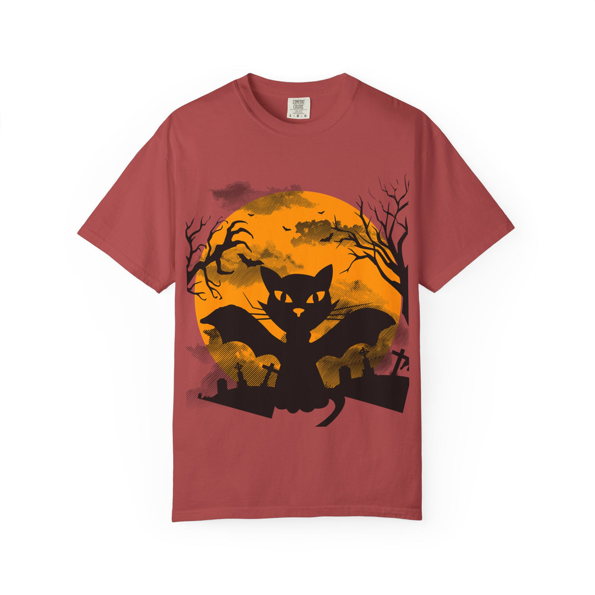 Halloween Black Cat Bat T-shirt | Orange Moon Graveyard