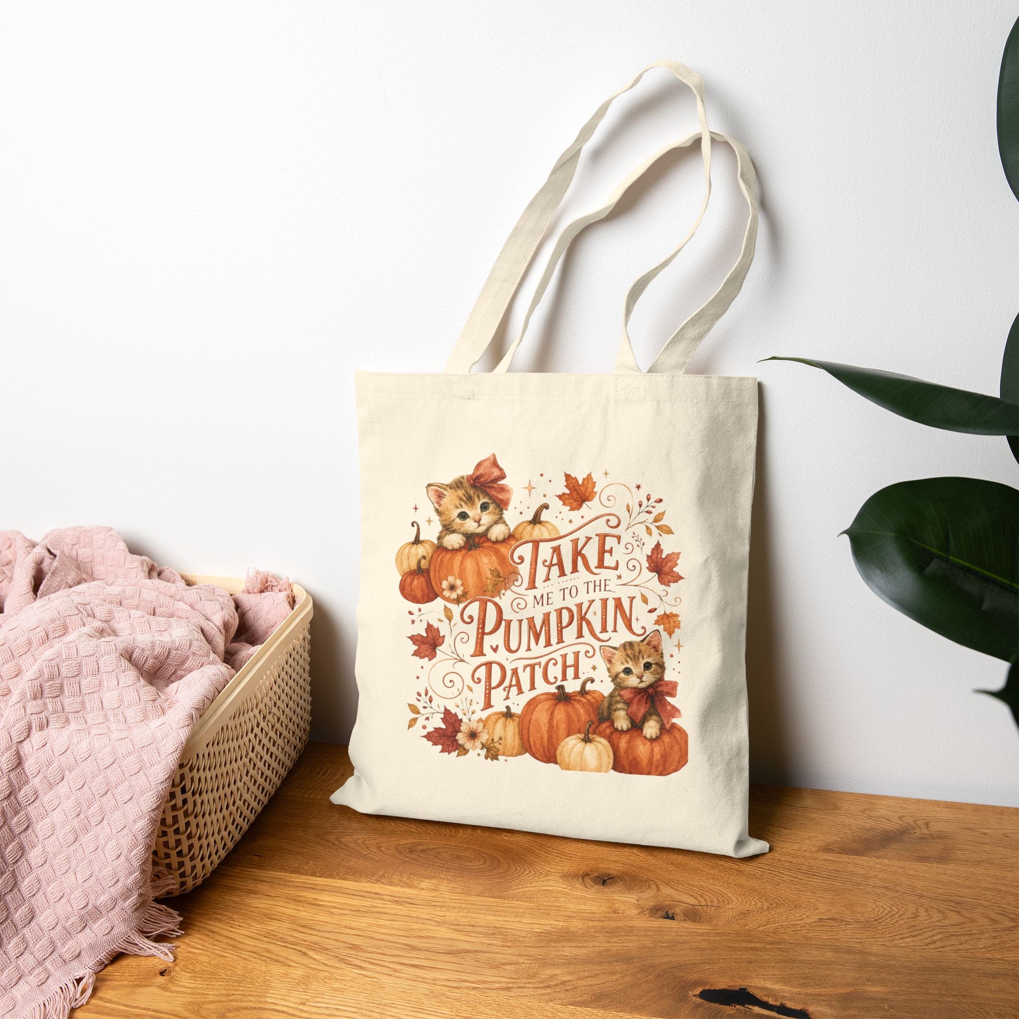 Take Me to the Pumpkin Patch Tote Bag | Cute Kittens, Fall Leaves, Halloween Pumpkin