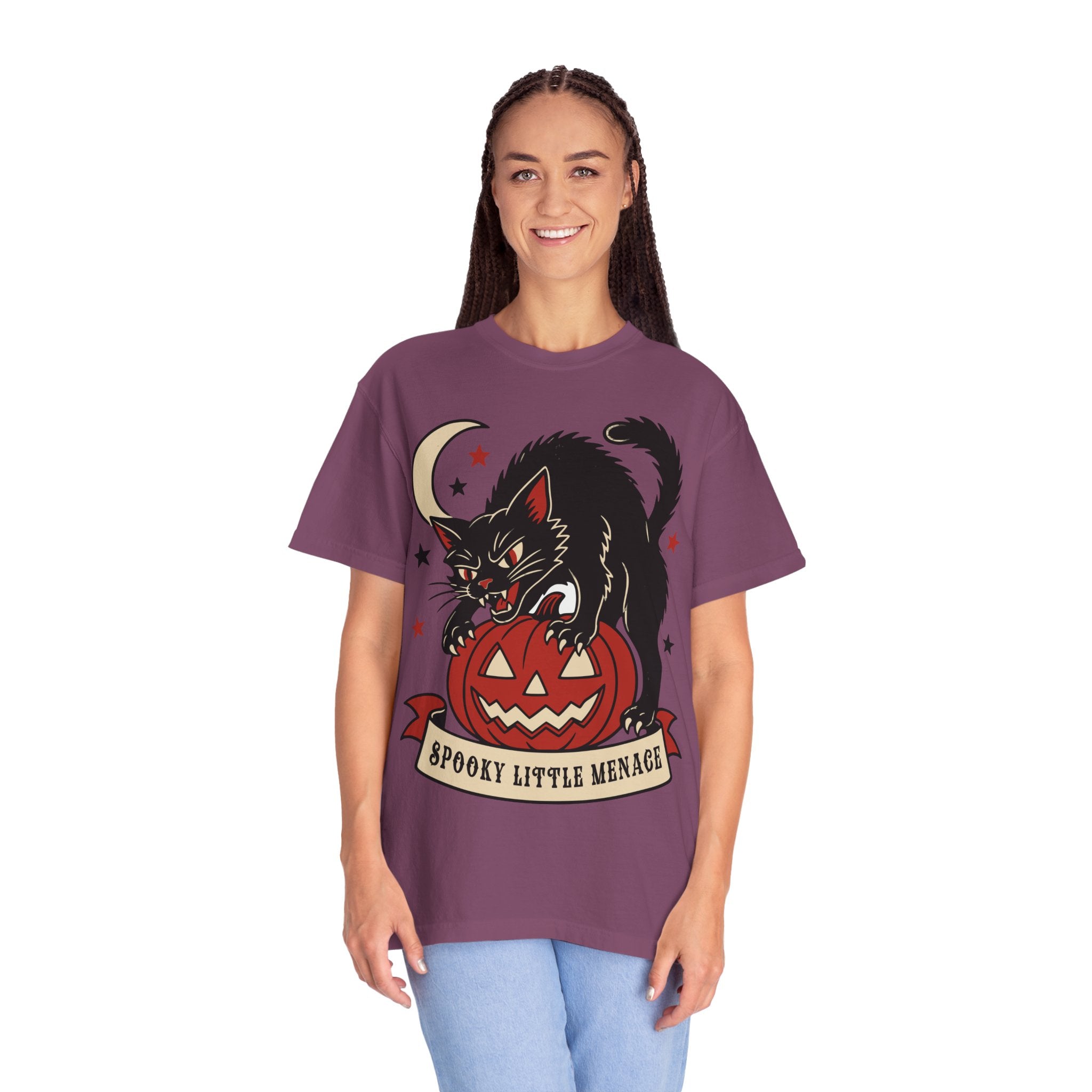 Spooky Little Menace cat Halloween T-shirt | Black Cat on Jack-O'-Lantern