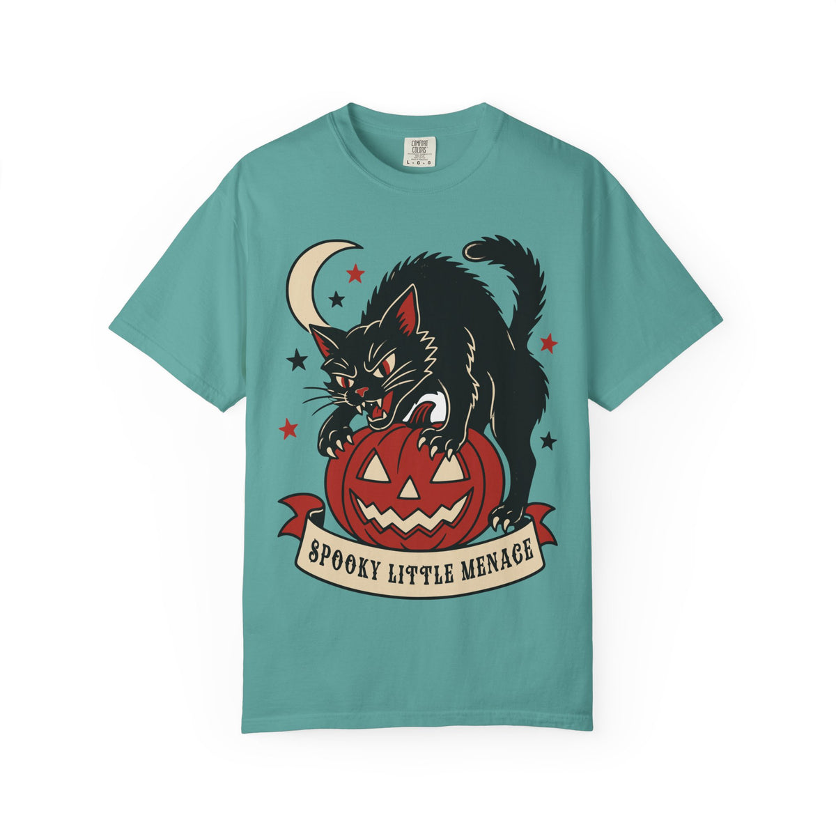 Spooky Little Menace cat Halloween T-shirt | Black Cat on Jack-O'-Lantern