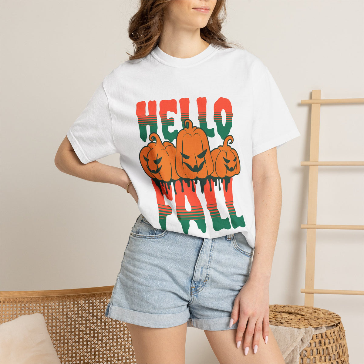 Hello Fall Pumpkins T-Shirt | Halloween Autumn Pumpkin Graphic
