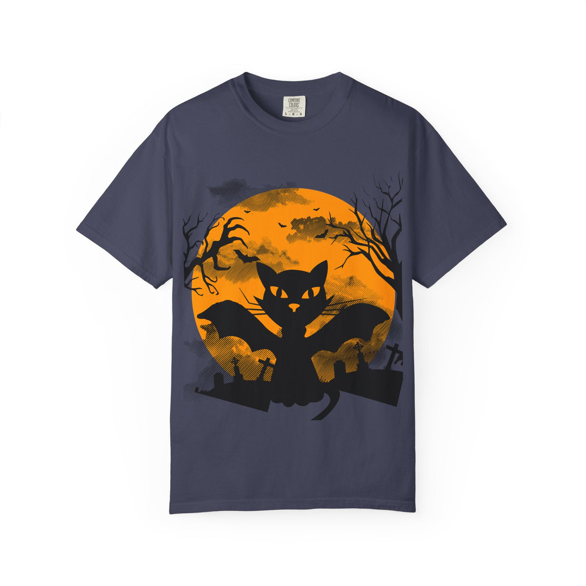 Halloween Black Cat Bat T-shirt | Orange Moon Graveyard