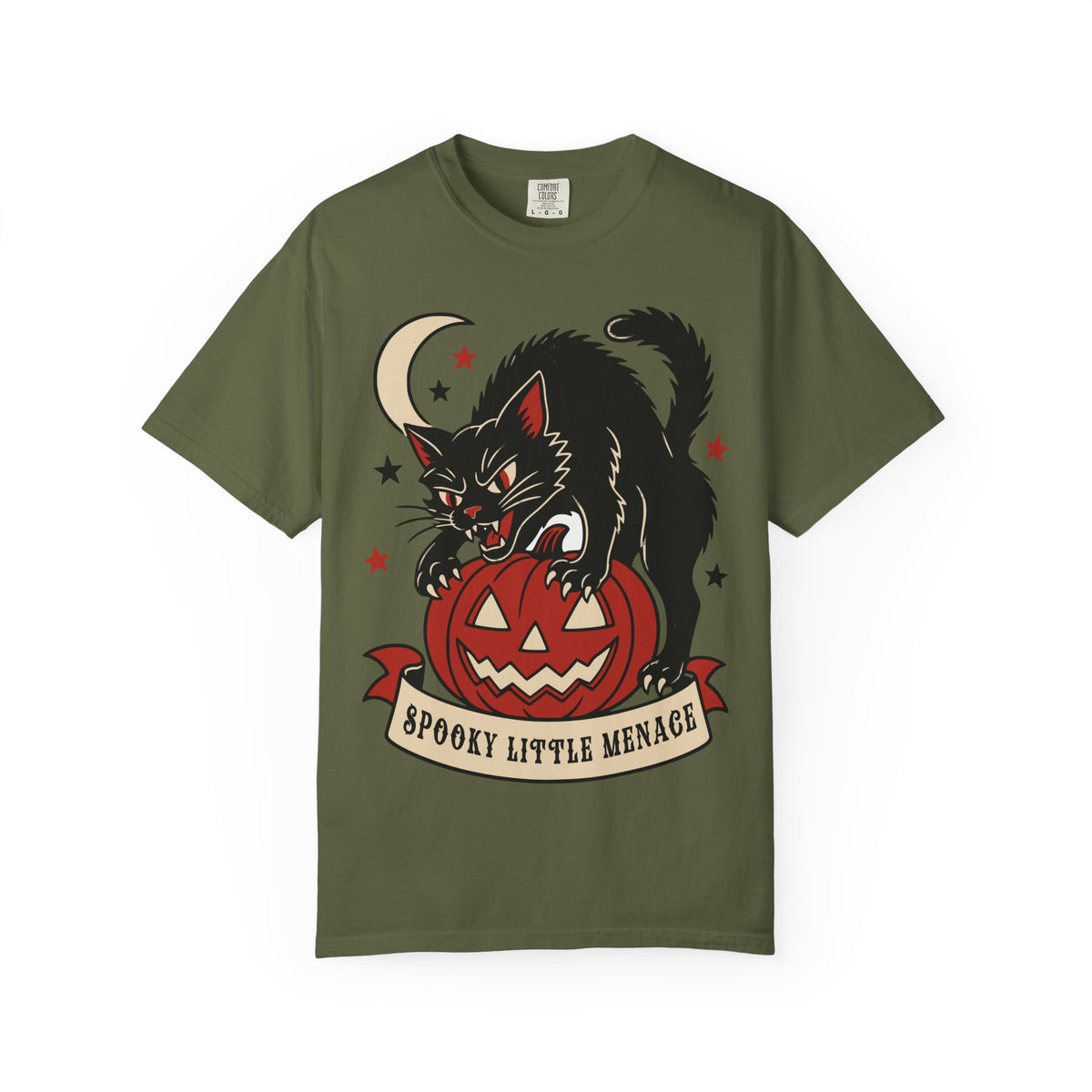 Spooky Little Menace cat Halloween T-shirt | Black Cat on Jack-O'-Lantern