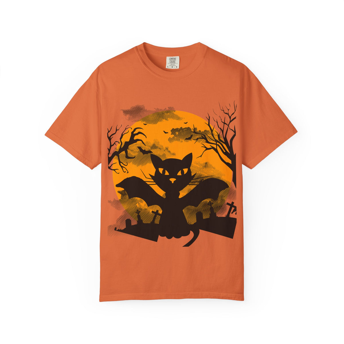 Halloween Black Cat Bat T-shirt | Orange Moon Graveyard