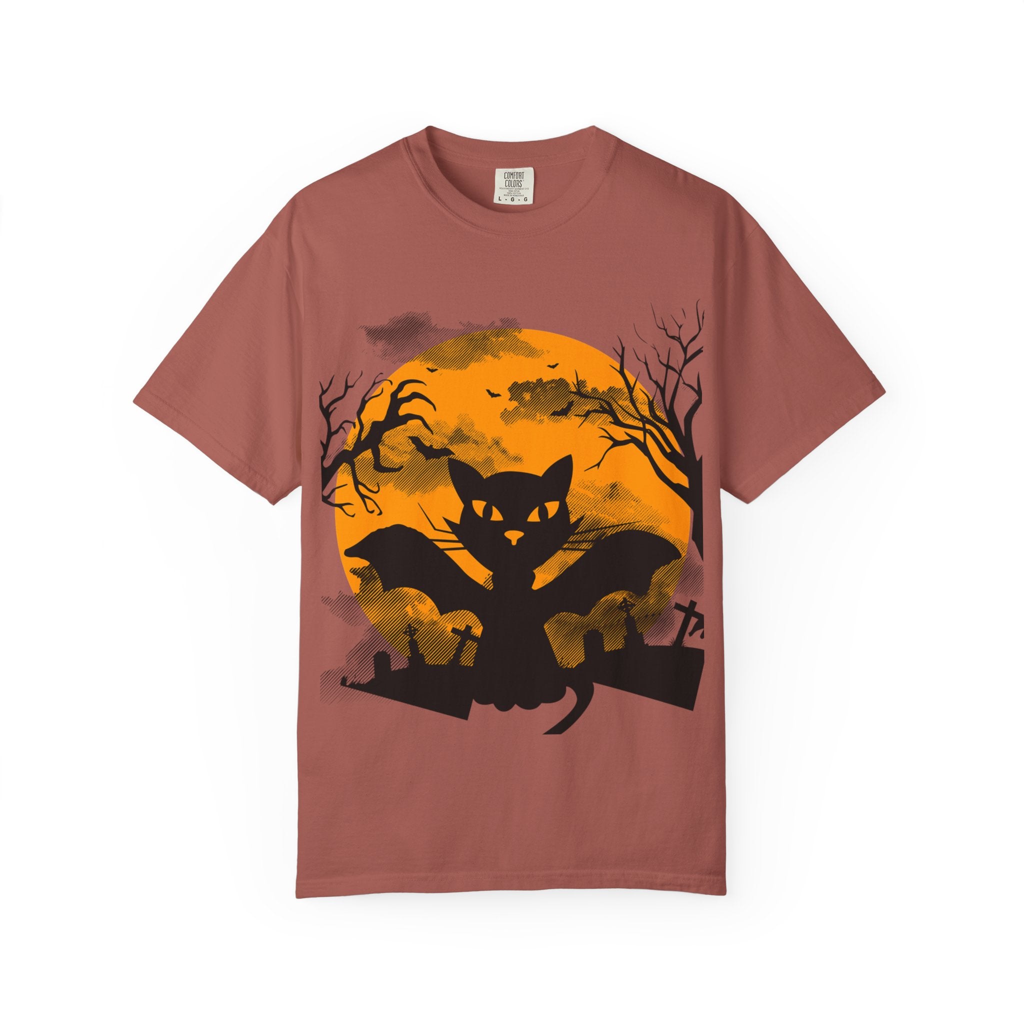Halloween Black Cat Bat T-shirt | Orange Moon Graveyard