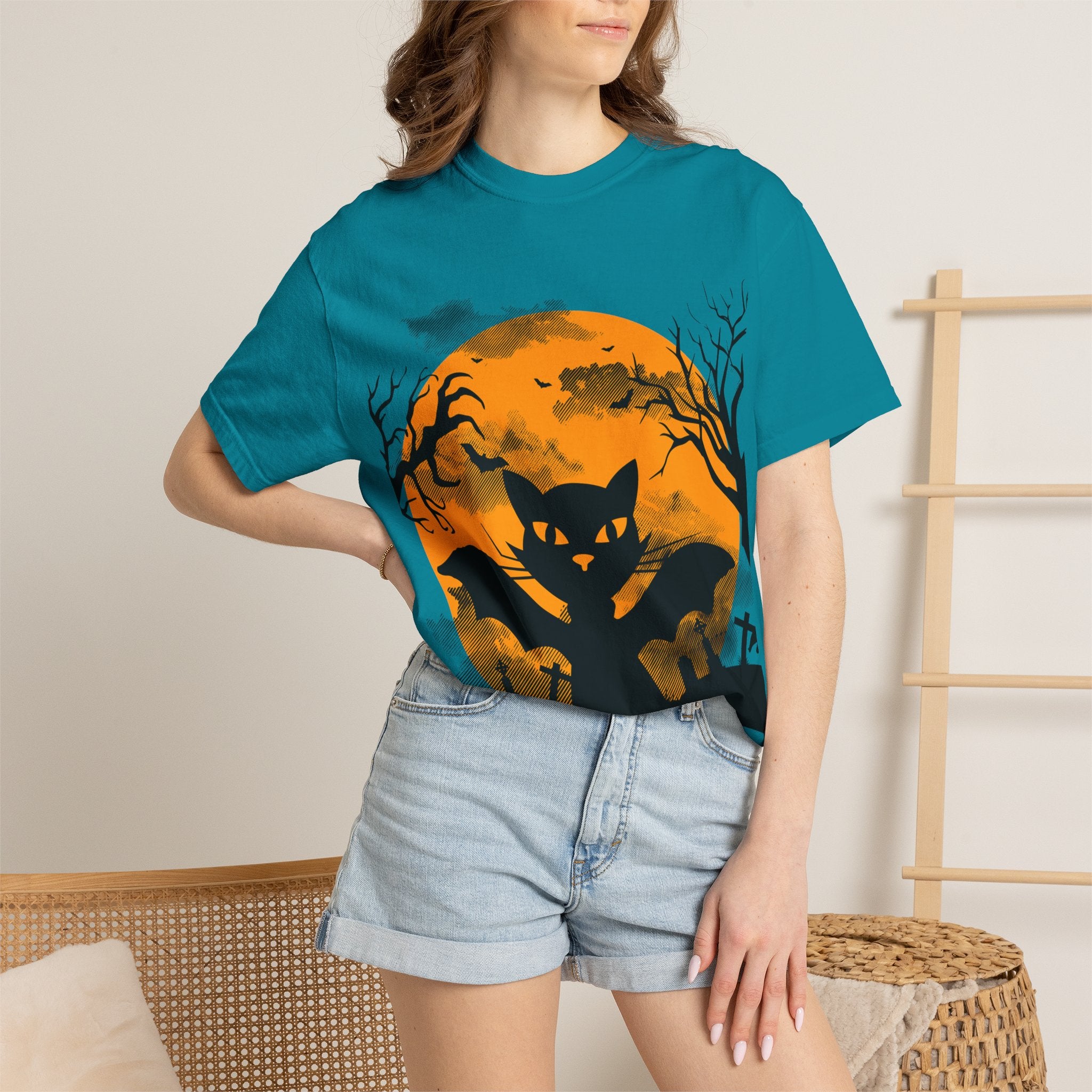 Halloween Black Cat Bat T-shirt | Orange Moon Graveyard