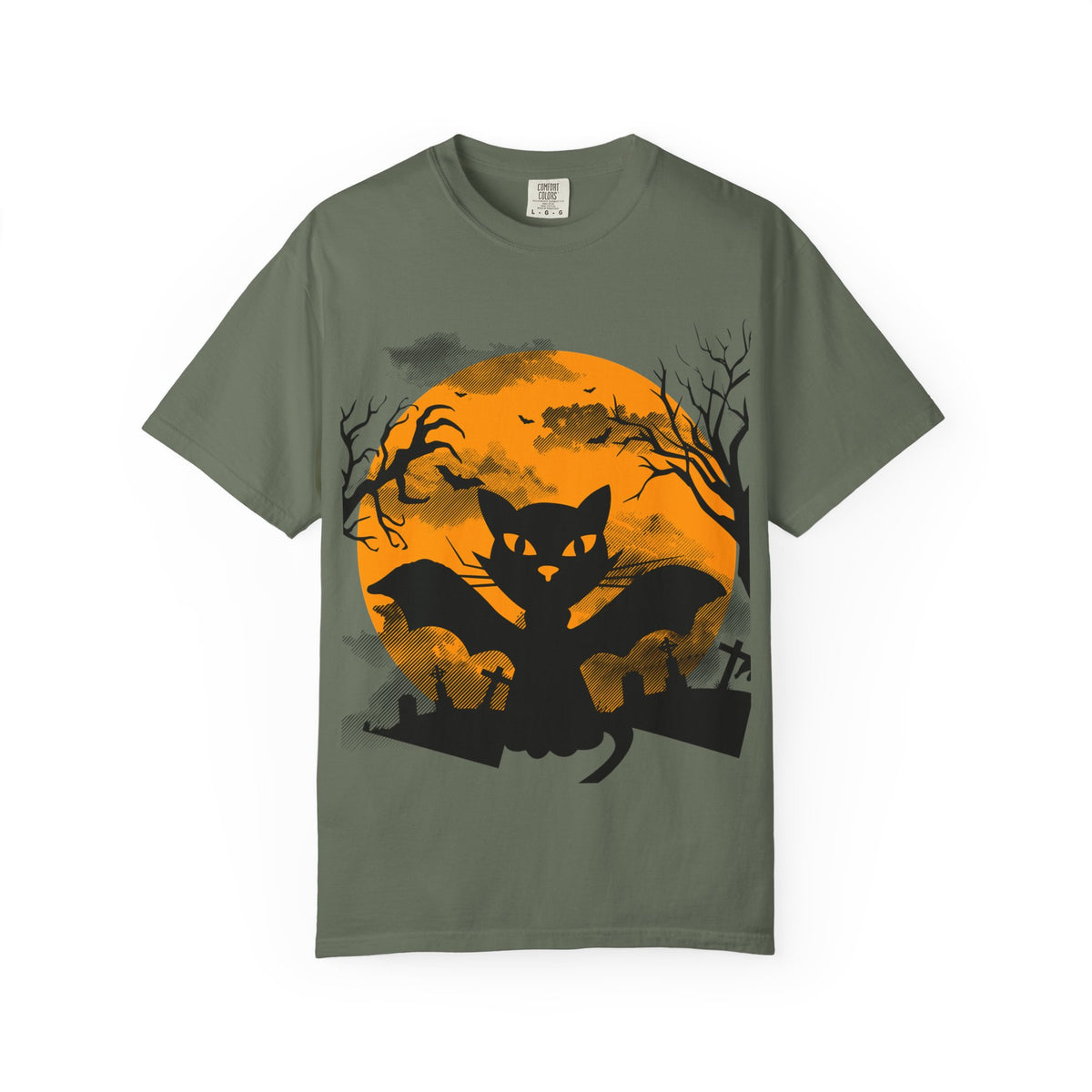 Halloween Black Cat Bat T-shirt | Orange Moon Graveyard