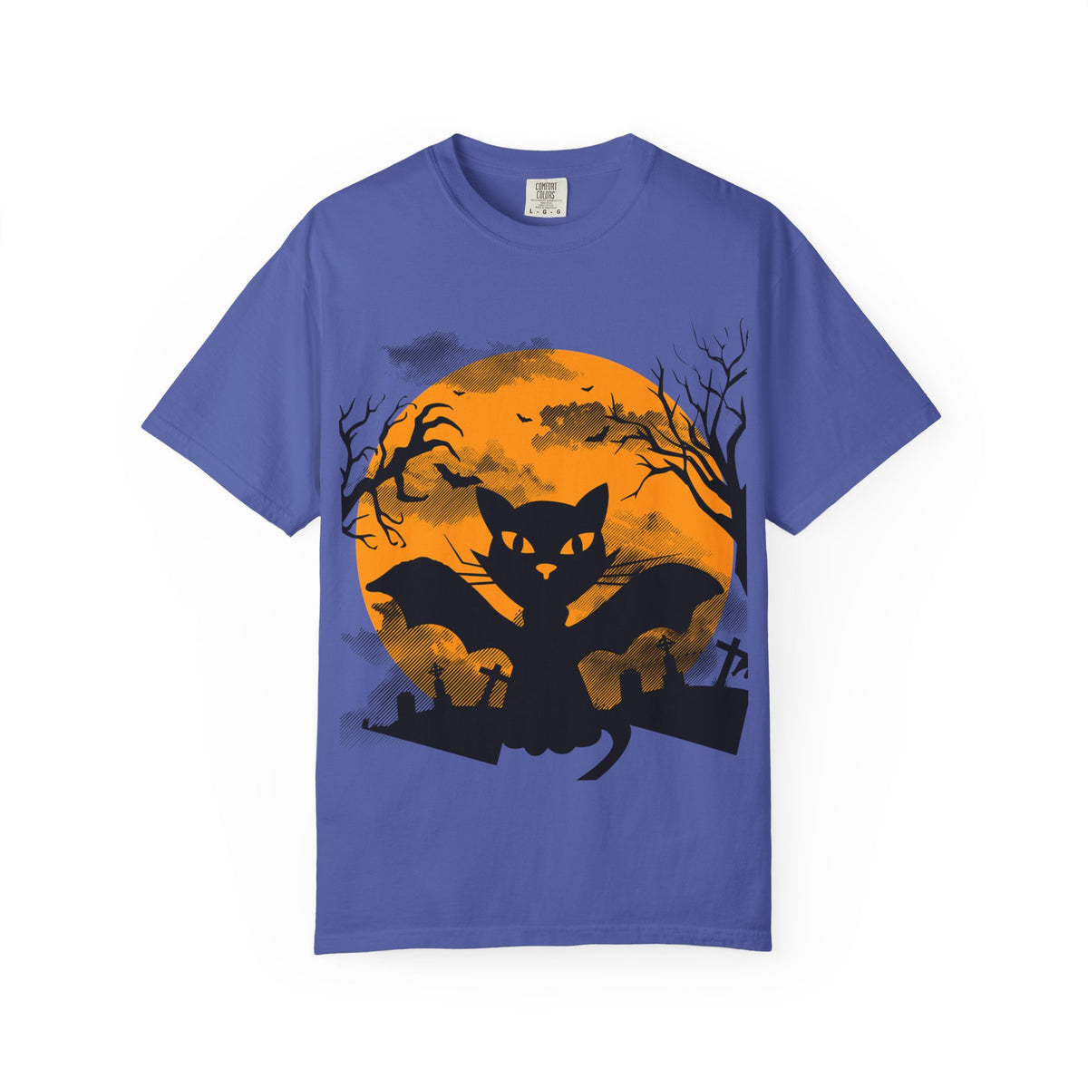 Halloween Black Cat Bat T-shirt | Orange Moon Graveyard