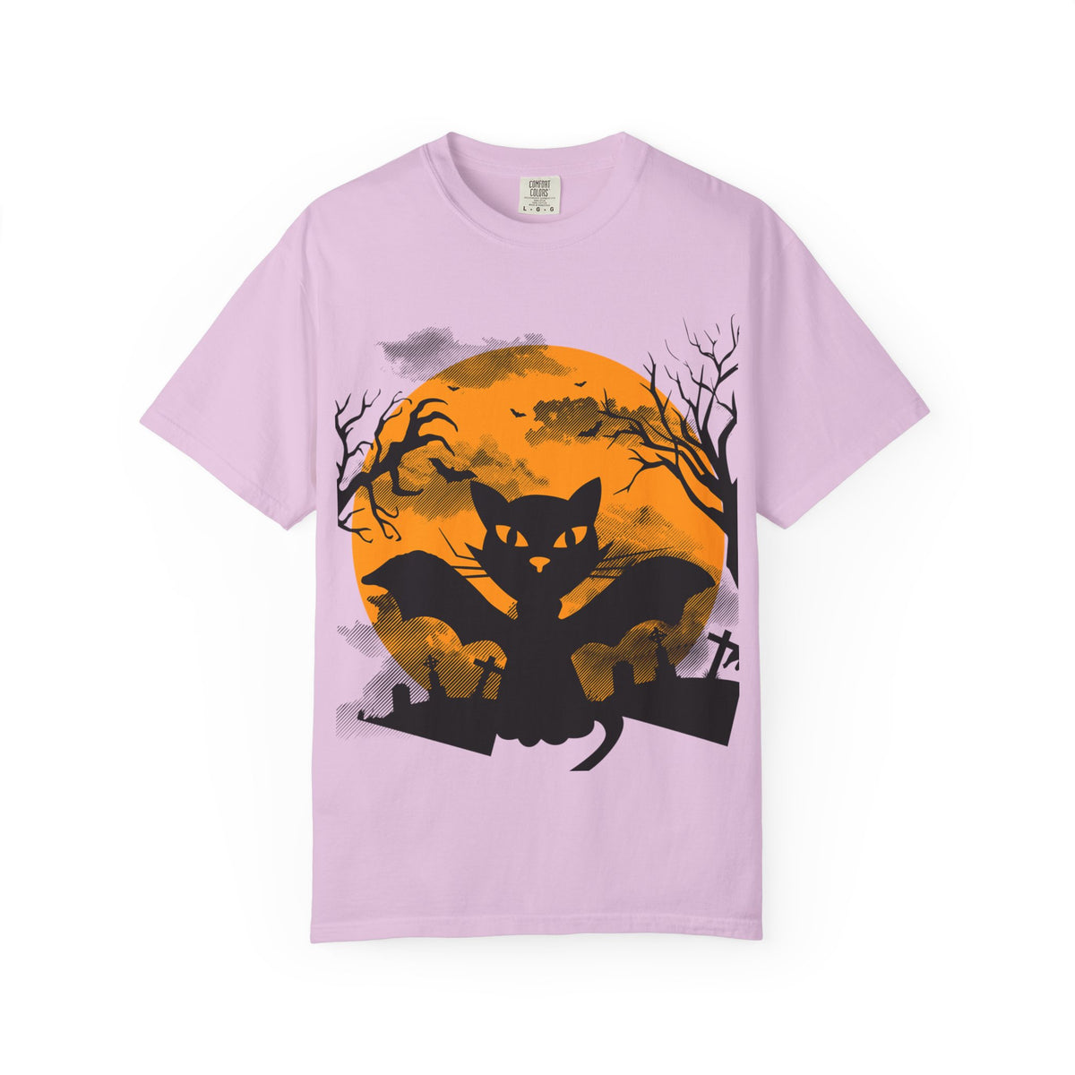 Halloween Black Cat Bat T-shirt | Orange Moon Graveyard