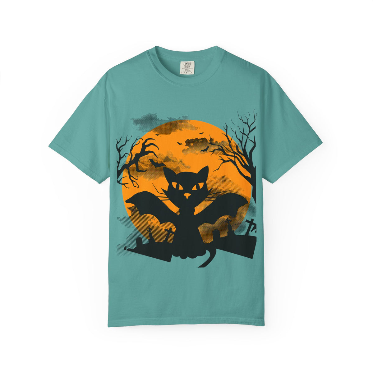 Halloween Black Cat Bat T-shirt | Orange Moon Graveyard