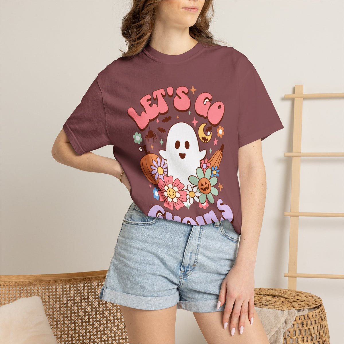 Lets Go Ghouls Cute Ghost Floral Halloween Tee